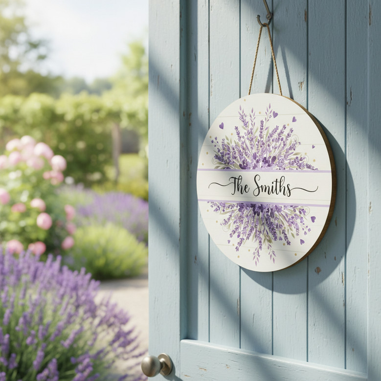 Lavender Floral Family Round Wood Sign, Custom Welcome Decor