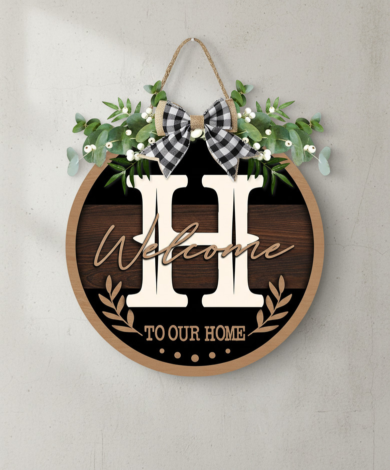 Letter Monogram Family Round Wood Sign, Personalized Initial Decor