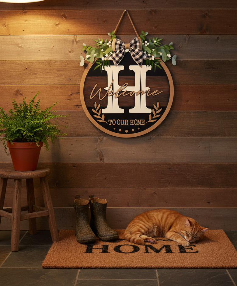 Letter Monogram Family Round Wood Sign, Personalized Initial Decor