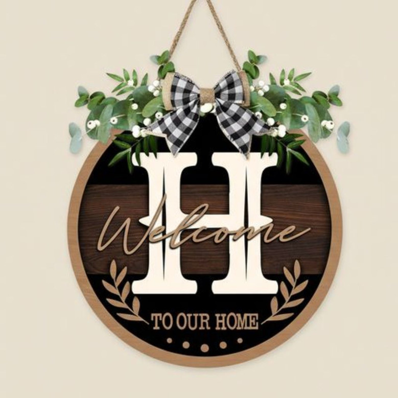 Letter Monogram Family Round Wood Sign, Personalized Initial Decor
