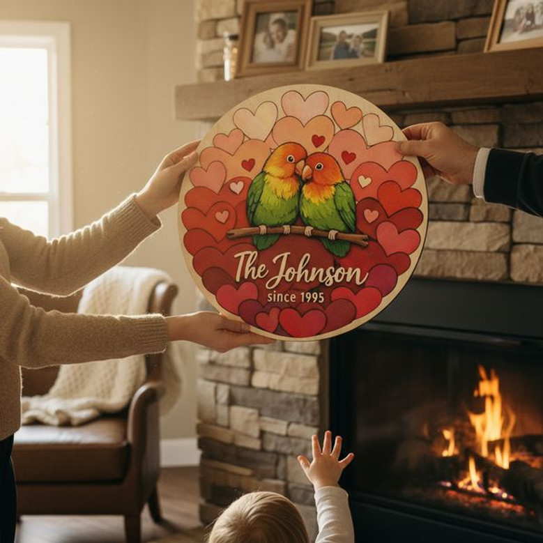 Lovebirds Family Round Wood Sign, Custom Name & Year Decor