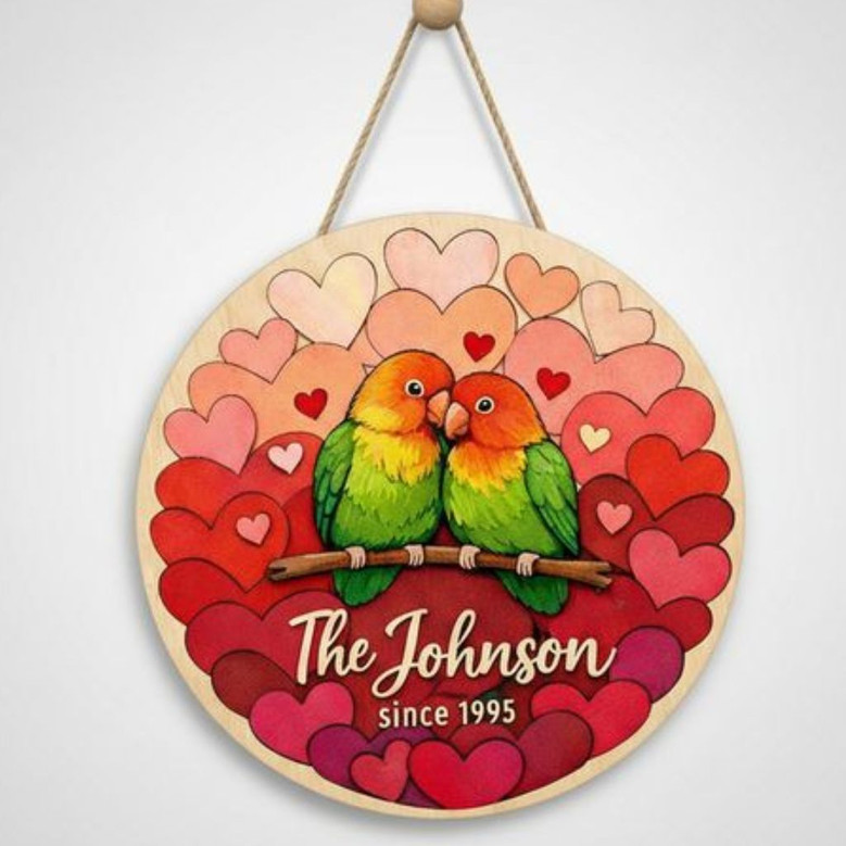 Lovebirds Family Round Wood Sign, Custom Name & Year Decor