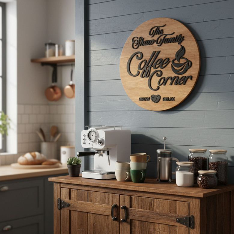 Personalized Coffee Bar Round Wood Sign, Family Kitchen Decor