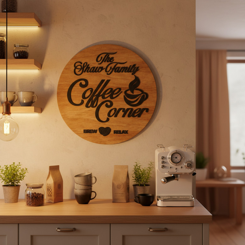 Personalized Coffee Bar Round Wood Sign, Family Kitchen Decor