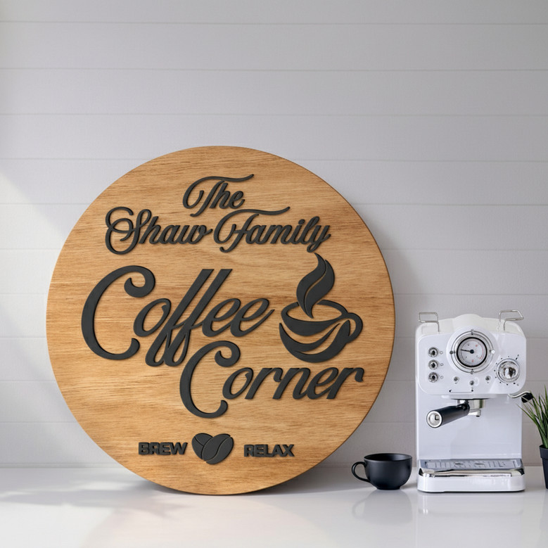 Personalized Coffee Bar Round Wood Sign, Family Kitchen Decor
