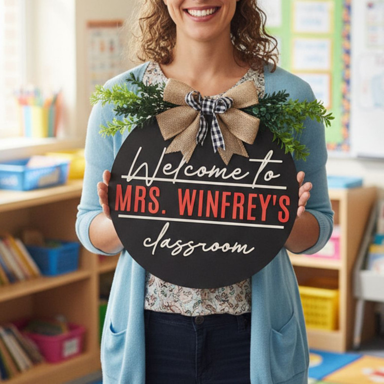 A Warm Welcome Awaits Custom Teacher Round Wood Sign Gift