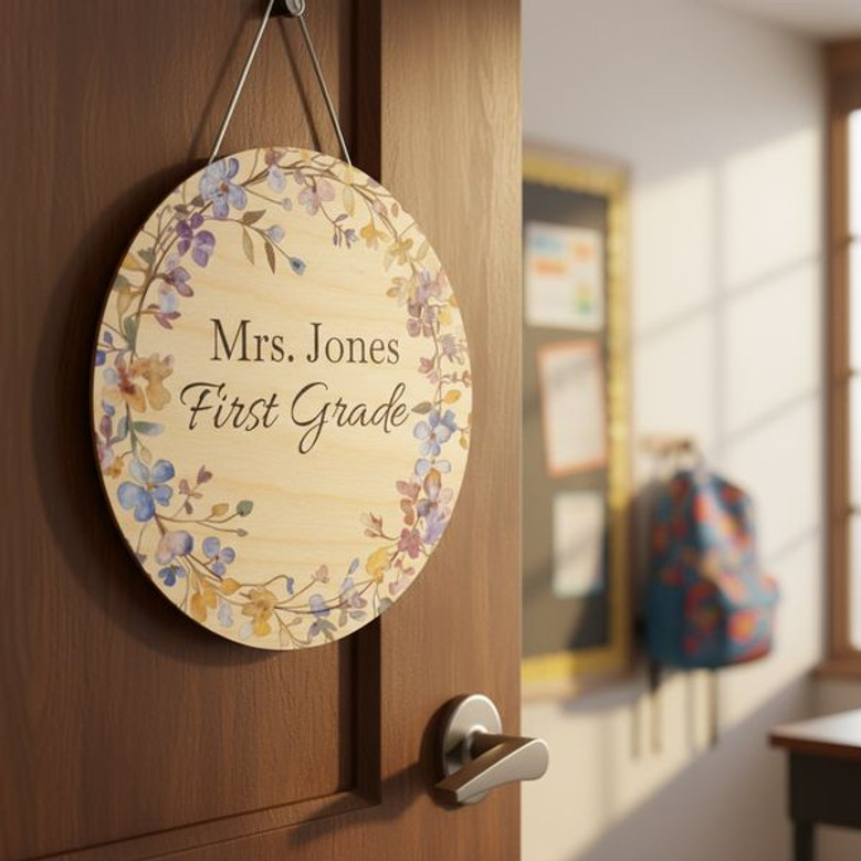 Bloom with Joy Floral Teacher Round Wood Sign Classroom Decor