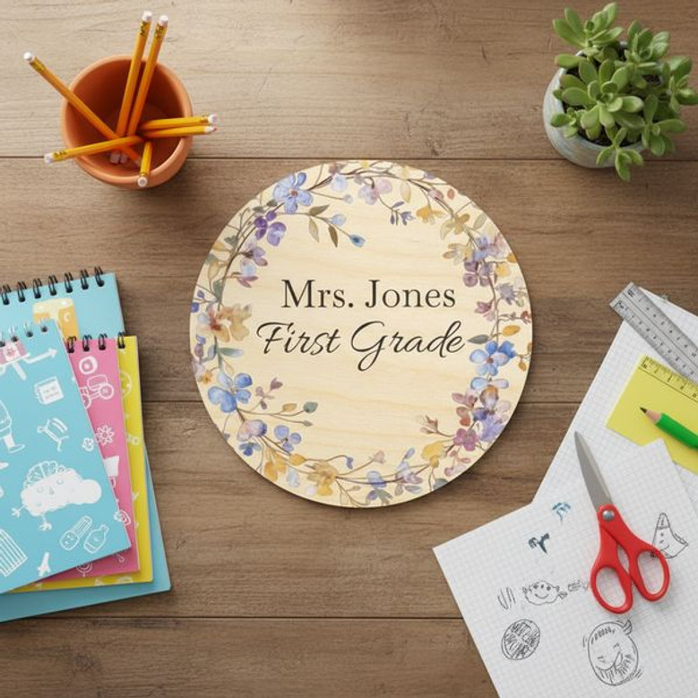 Bloom with Joy Floral Teacher Round Wood Sign Classroom Decor