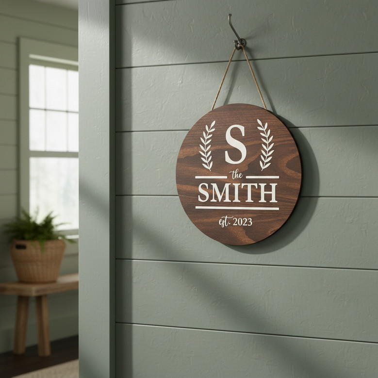 Custom Initial Farmhouse Family Round Wood Sign, Rustic Decor