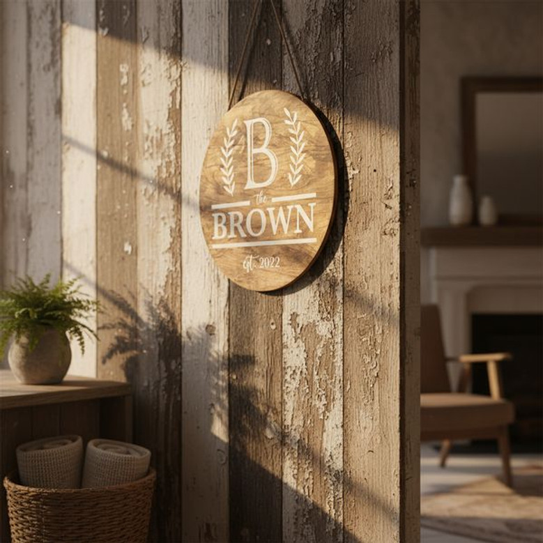 Custom Initial Farmhouse Family Round Wood Sign, Rustic Decor