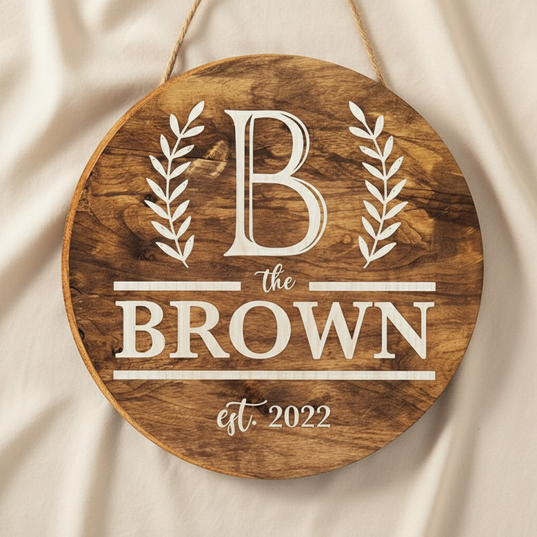 Custom Initial Farmhouse Family Round Wood Sign, Rustic Decor