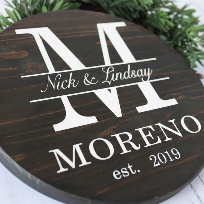 Established Family Monogram Unique Wedding Round Wood Sign Gift