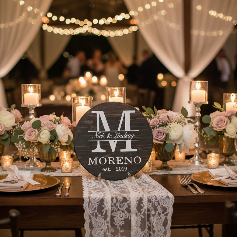 Established Family Monogram Unique Wedding Round Wood Sign Gift