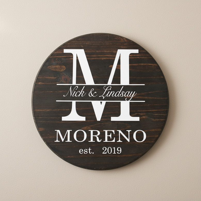 Established Family Monogram Unique Wedding Round Wood Sign Gift