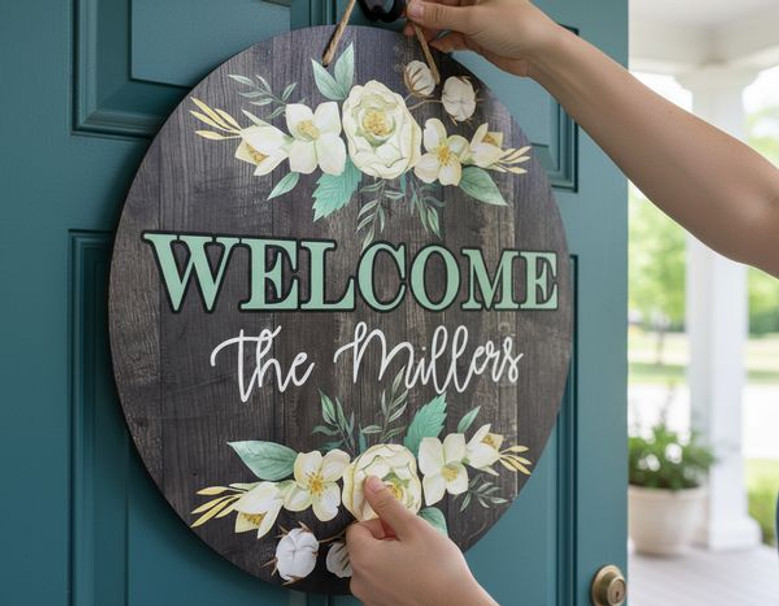 Farmhouse Floral Round Wood Sign, Personalized Family Welcome Decor