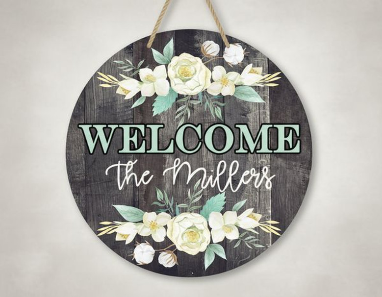 Farmhouse Floral Round Wood Sign, Personalized Family Welcome Decor
