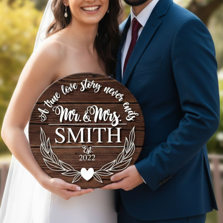 Forever Mr and Mrs Custom Monogram Wedding Round Wood Sign