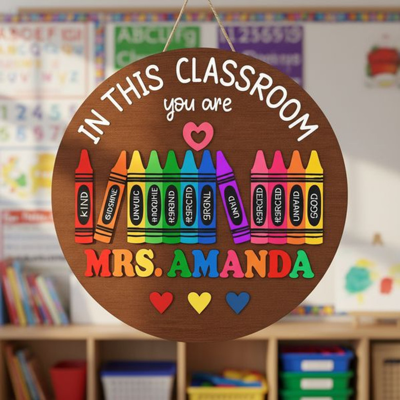 Inspire Every Student Crayon Teacher Round Wood Sign Decor
