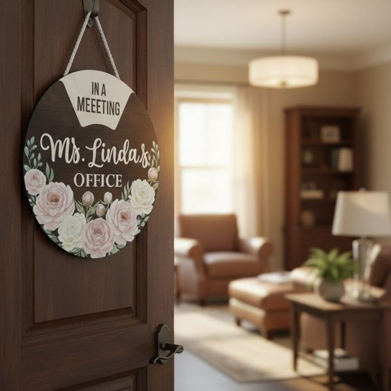 Peony Floral Spinning Office Door Sign, Flower Round Wood Sign