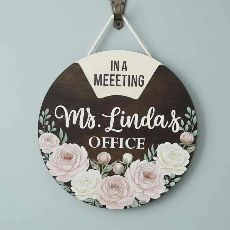 Peony Floral Spinning Office Door Sign, Flower Round Wood Sign
