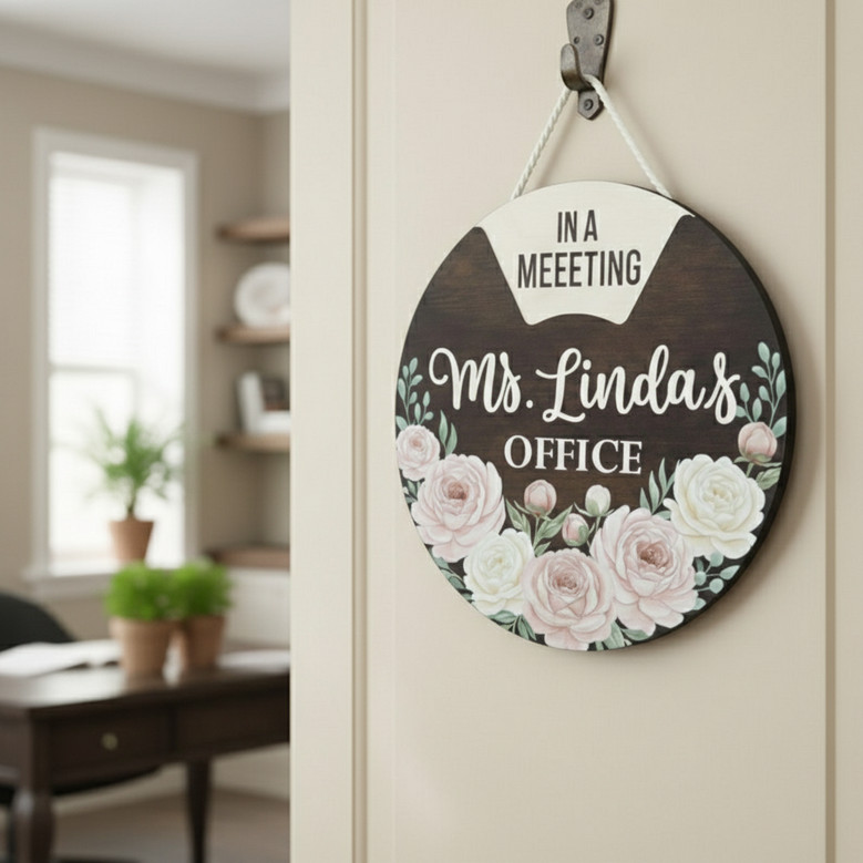 Peony Floral Spinning Office Door Sign, Flower Round Wood Sign