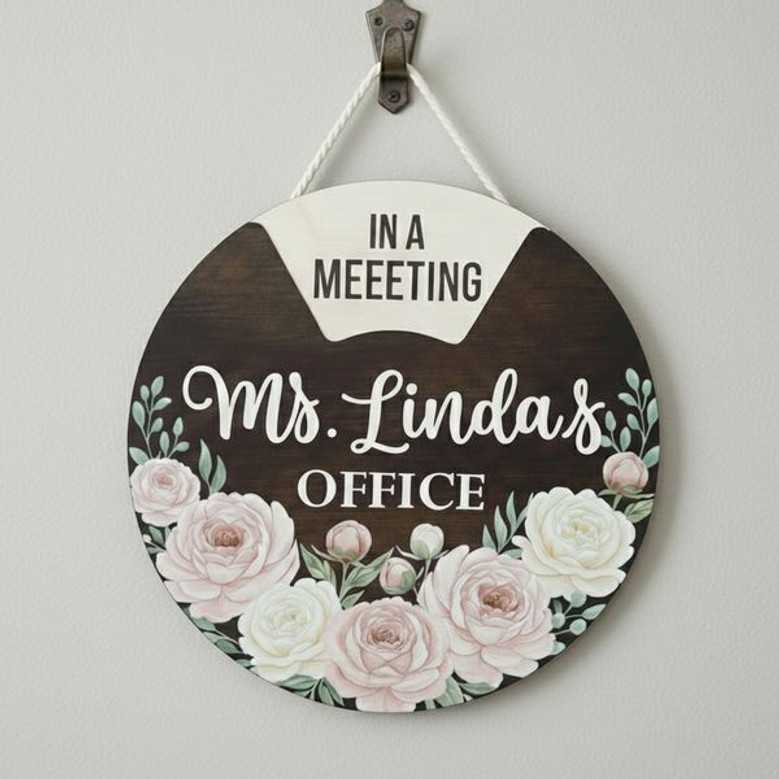 Peony Floral Spinning Office Door Sign, Flower Round Wood Sign