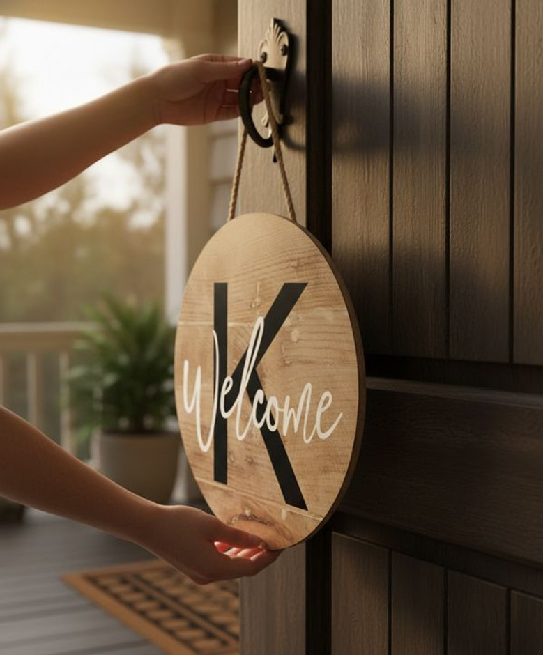 Personalized Monogram Round Wood Sign, Welcome Door Sign