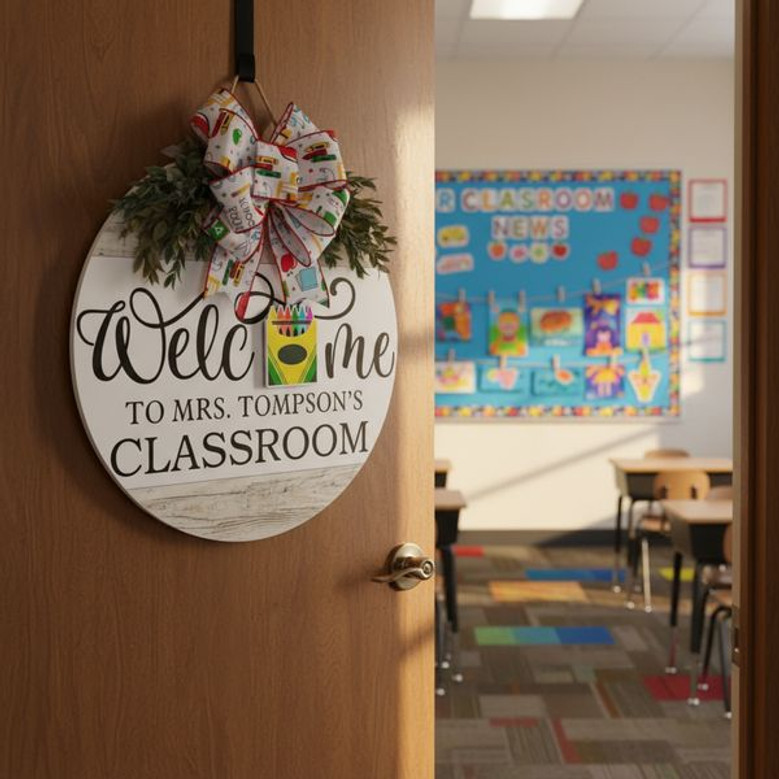 Personalized Teacher Classroom Round Wood Sign, Welcome Decor