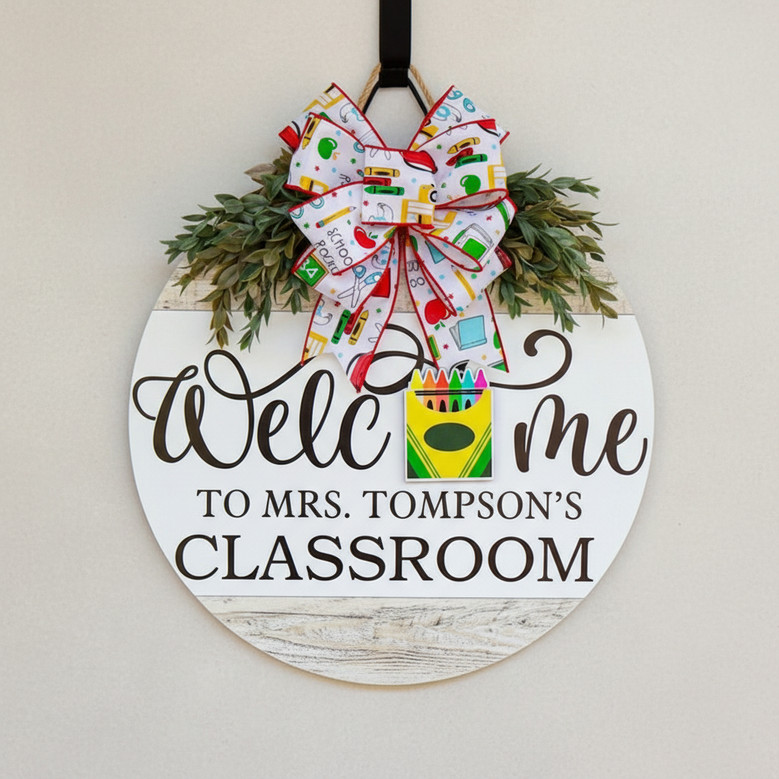 Personalized Teacher Classroom Round Wood Sign, Welcome Decor