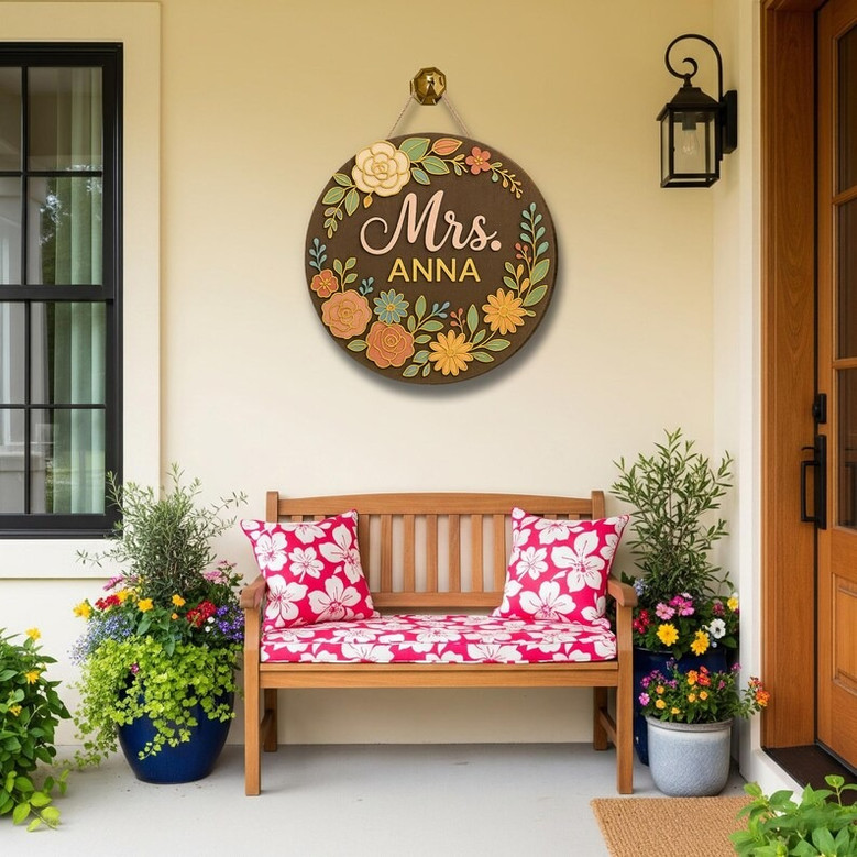 Personalized Teacher Name Round Wood Sign, Floral Classroom Door Sign