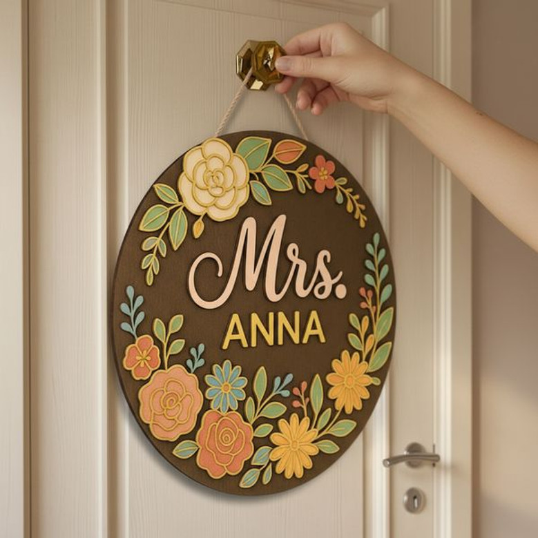 Personalized Teacher Name Round Wood Sign, Floral Classroom Door Sign
