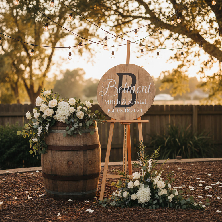 Rustic Barrel Wedding Round Wood Sign Custom Last Name Legacy Decor