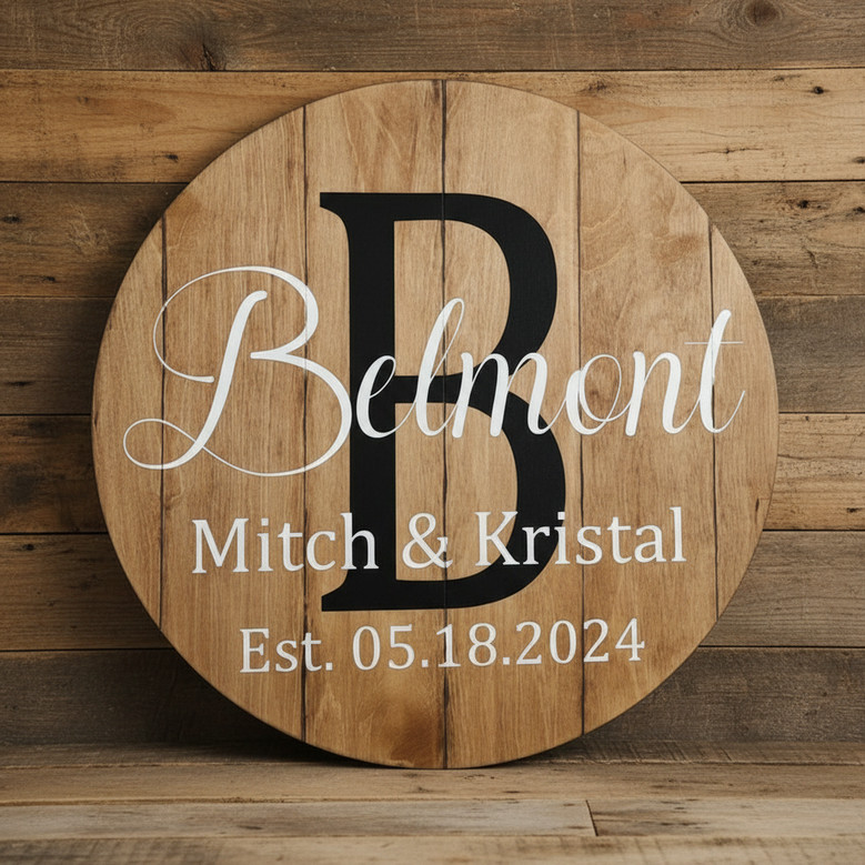 Rustic Barrel Wedding Round Wood Sign Custom Last Name Legacy Decor