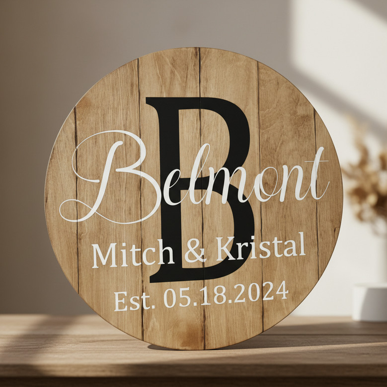Rustic Barrel Wedding Round Wood Sign Custom Last Name Legacy Decor
