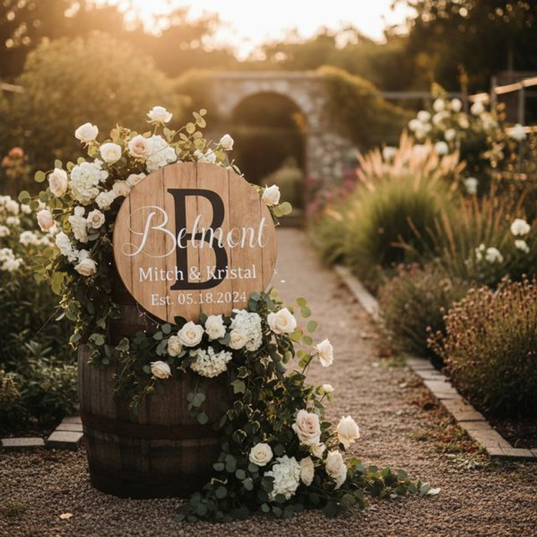 Rustic Barrel Wedding Round Wood Sign Custom Last Name Legacy Decor