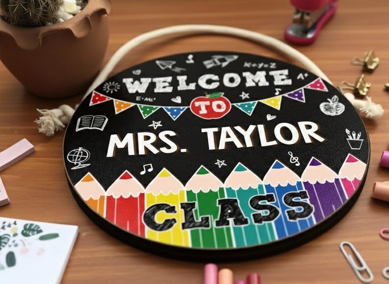 Warm Classroom Welcome Teacher Round Wood Sign Custom Decor