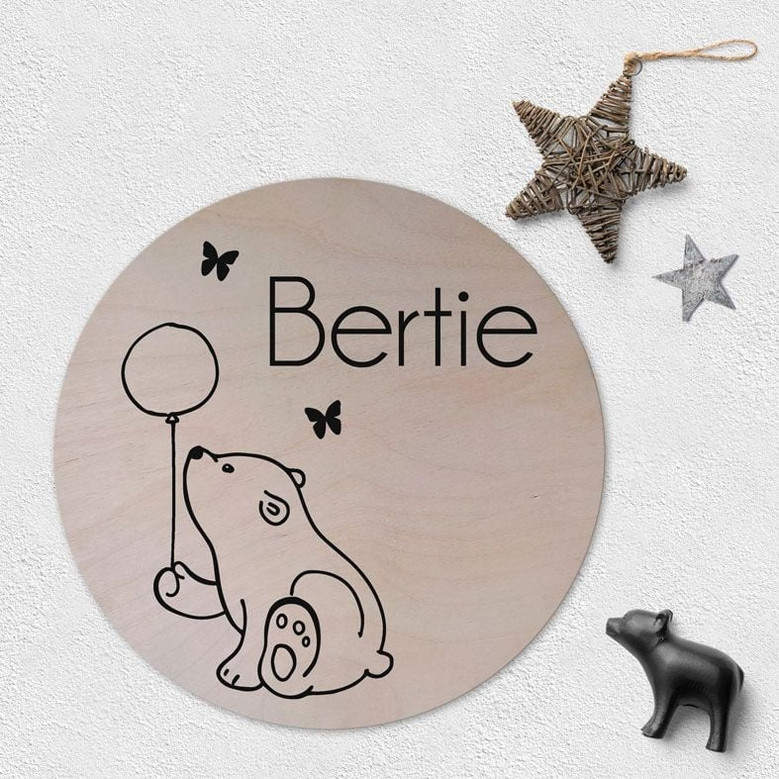 Adorable Bear Nursery Round Wood Sign Custom Name Wall Art