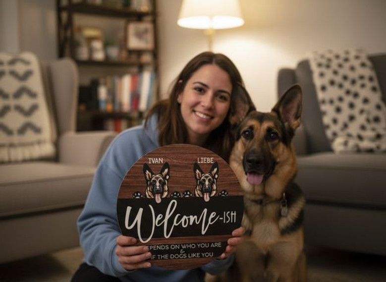 Bark and Welcome Unique Animal Round Wood Sign for Pet Lovers