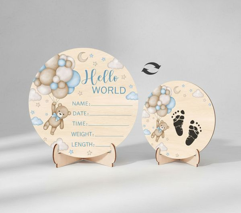 Blue Bear Hello World Birch Nursery Round Wood Sign Kept Forever