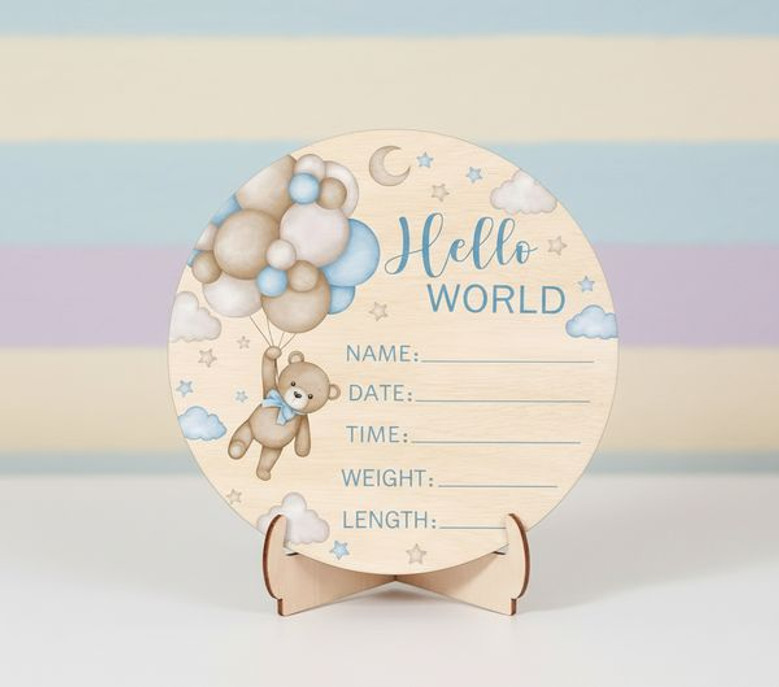 Blue Bear Hello World Birch Nursery Round Wood Sign Kept Forever