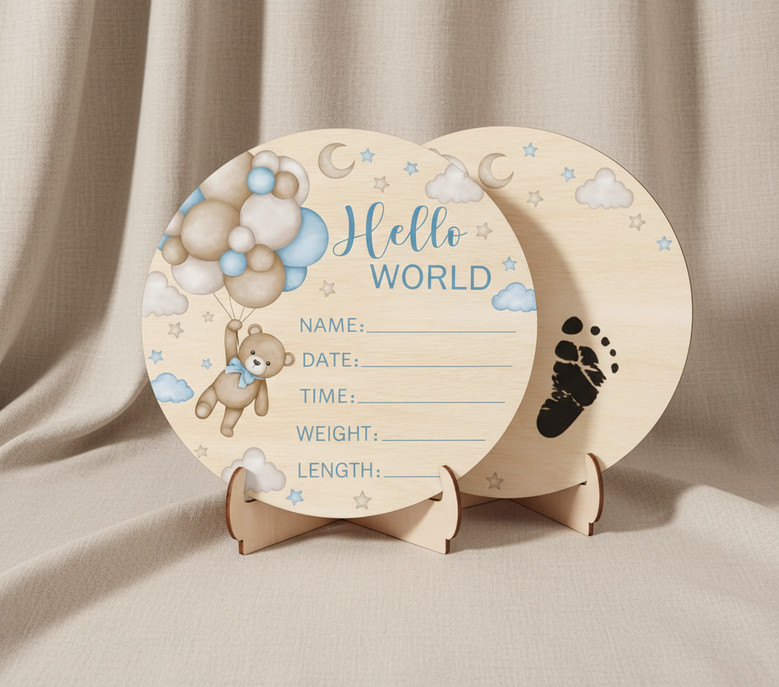 Blue Bear Hello World Birch Nursery Round Wood Sign Kept Forever