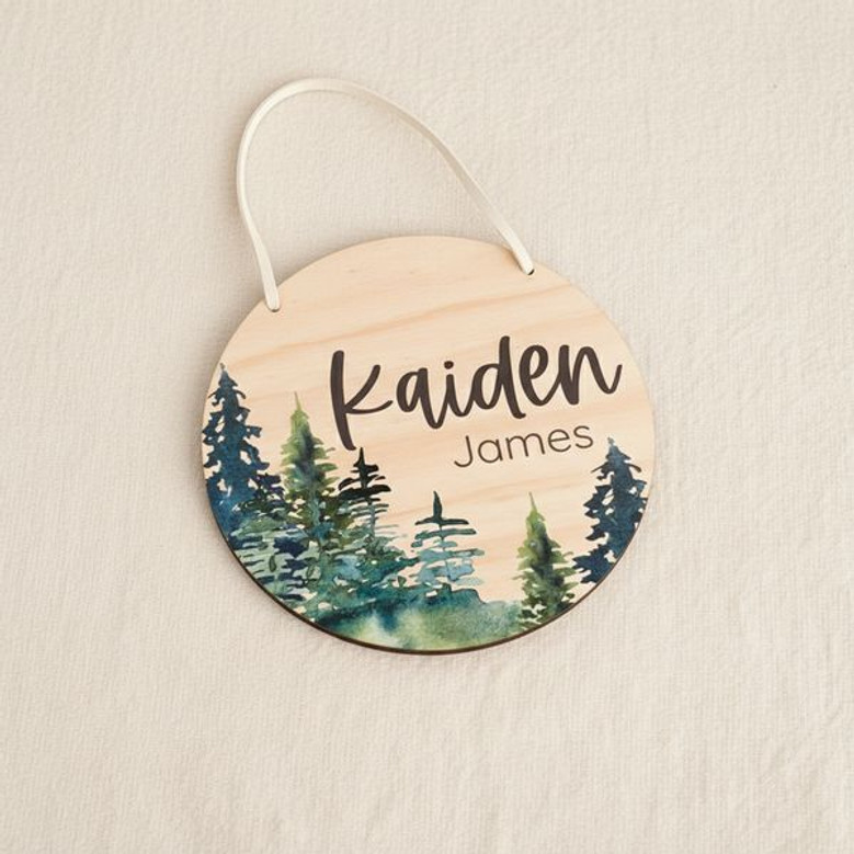 Blue Forest Magic Custom Name Nursery Round Wood Sign
