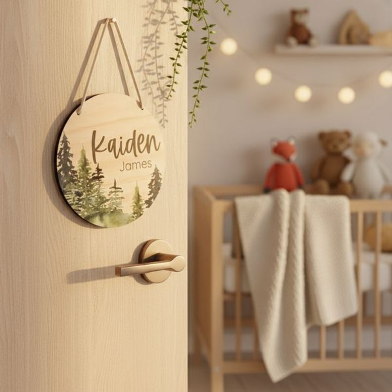 Blue Forest Magic Custom Name Nursery Round Wood Sign