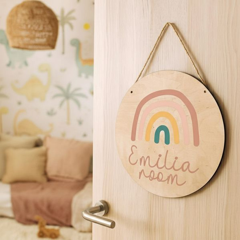 Boho Dreams Pastel Rainbow Nursery Round Wood Sign for Girls