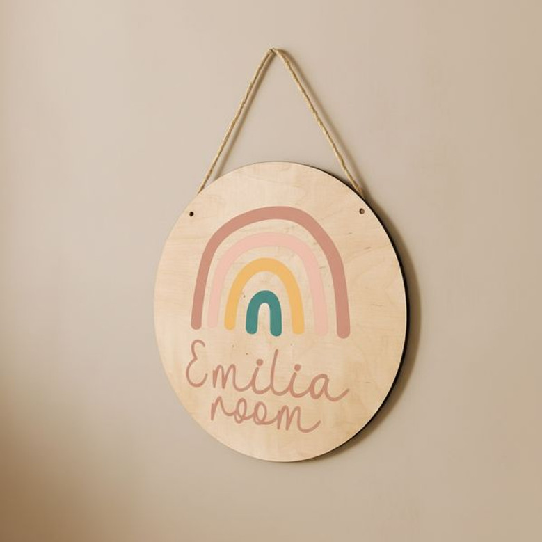 Boho Dreams Pastel Rainbow Nursery Round Wood Sign for Girls