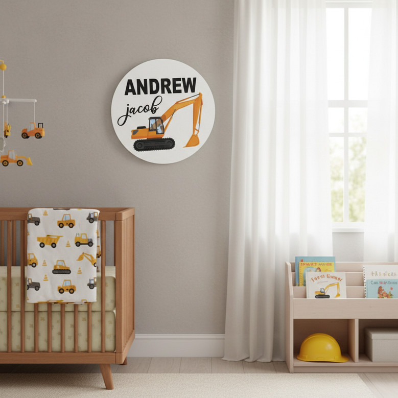 Build His Dreams Digger Truck Nursery Round Wood Sign