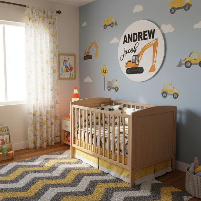 Build His Dreams Digger Truck Nursery Round Wood Sign