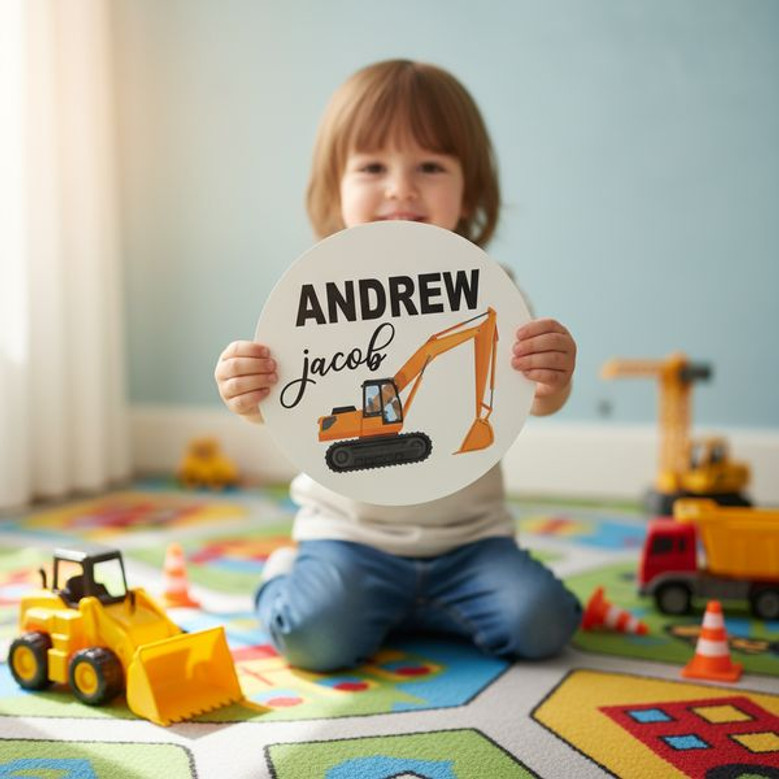 Build His Dreams Digger Truck Nursery Round Wood Sign