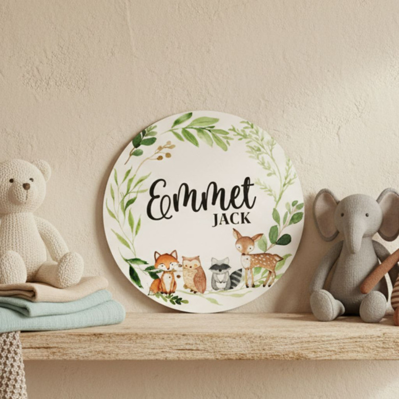 Capture Babys First Hello Woodland Animal Round Wood Sign