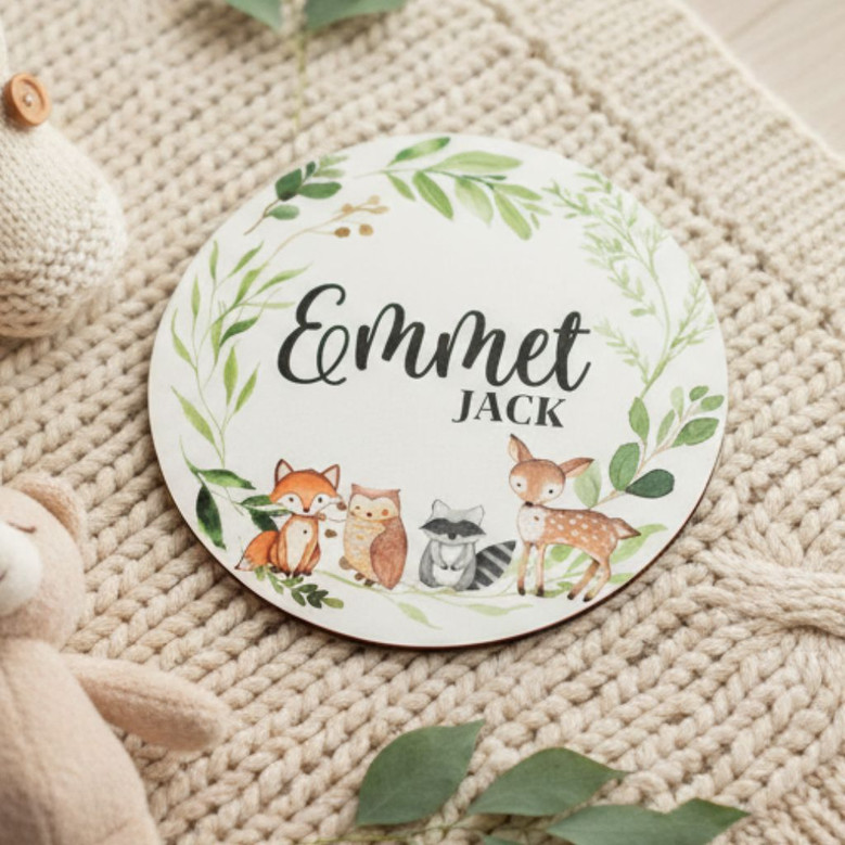 Capture Babys First Hello Woodland Animal Round Wood Sign